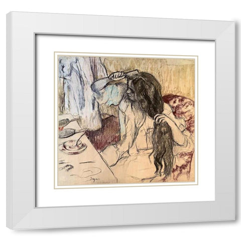 Woman at her Toilette White Modern Wood Framed Art Print with Double Matting by Degas, Edgar