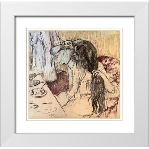 Woman at her Toilette White Modern Wood Framed Art Print with Double Matting by Degas, Edgar
