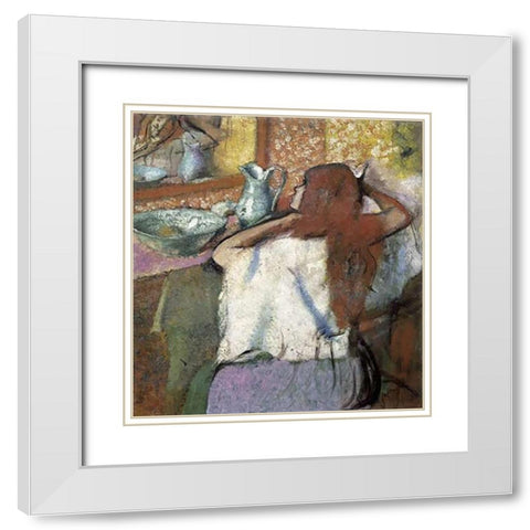 Woman at her Toilette White Modern Wood Framed Art Print with Double Matting by Degas, Edgar