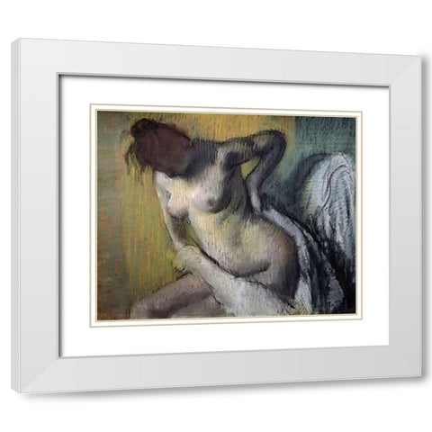 Woman Drying Herself White Modern Wood Framed Art Print with Double Matting by Degas, Edgar
