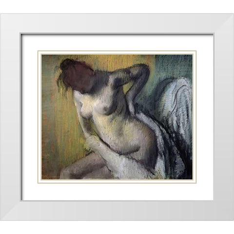 Woman Drying Herself White Modern Wood Framed Art Print with Double Matting by Degas, Edgar