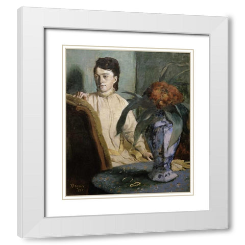 Woman with Porcelain Vase White Modern Wood Framed Art Print with Double Matting by Degas, Edgar