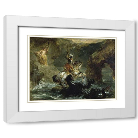 St. George Fighting the Dragon White Modern Wood Framed Art Print with Double Matting by Delacroix, Eugene