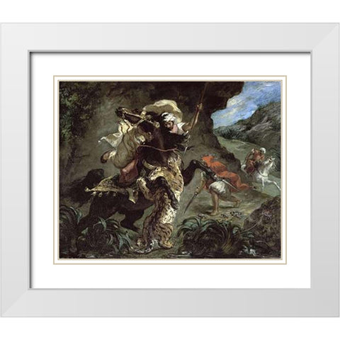 Tiger Hunt White Modern Wood Framed Art Print with Double Matting by Delacroix, Eugene