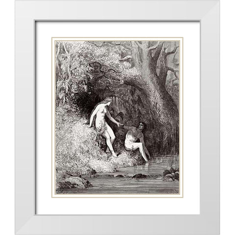 Adam and Eve In Paradise (from Miltons Paradise Lost) White Modern Wood Framed Art Print with Double Matting by Dore, Gustave