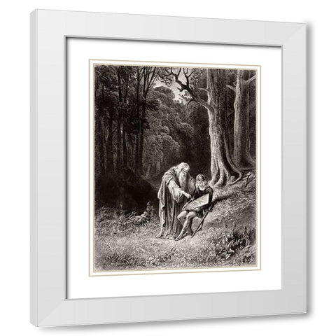 Merlin Paints The Young Knights Shield White Modern Wood Framed Art Print with Double Matting by Dore, Gustave