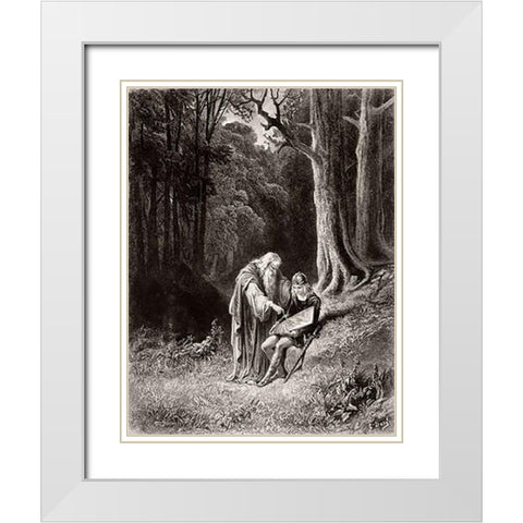 Merlin Paints The Young Knights Shield White Modern Wood Framed Art Print with Double Matting by Dore, Gustave