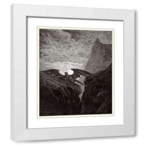 Satan Resting On The Mountain - from Miltons Paradise Lost White Modern Wood Framed Art Print with Double Matting by Dore, Gustave