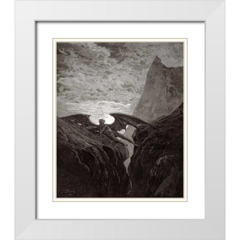 Satan Resting On The Mountain - from Miltons Paradise Lost White Modern Wood Framed Art Print with Double Matting by Dore, Gustave