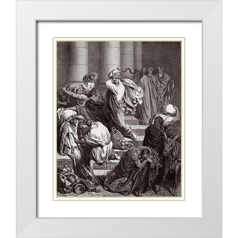 The Buyers and Sellers Driven out of the Temple by Jesus Holy Museumist White Modern Wood Framed Art Print with Double Matting by Dore, Gustave