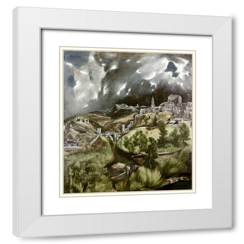 View of Toledo White Modern Wood Framed Art Print with Double Matting by El Greco