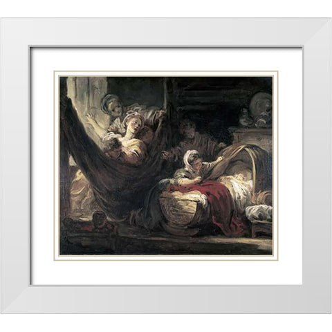 Cradle White Modern Wood Framed Art Print with Double Matting by Fragonard, Jean Honore
