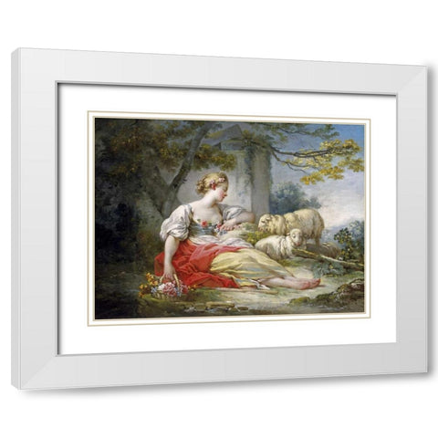 Shepherdess Seated with Sheep and a Basket of Flowers Near a Ruin in a Wooded Landscape White Modern Wood Framed Art Print with Double Matting by Fragonard, Jean Honore
