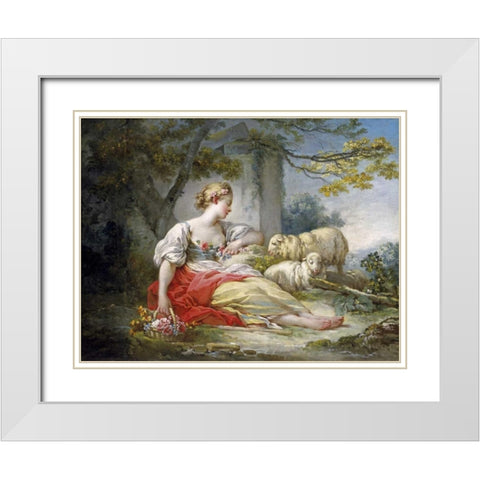 Shepherdess Seated with Sheep and a Basket of Flowers Near a Ruin in a Wooded Landscape White Modern Wood Framed Art Print with Double Matting by Fragonard, Jean Honore