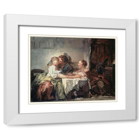 The Captured Kiss White Modern Wood Framed Art Print with Double Matting by Fragonard, Jean Honore