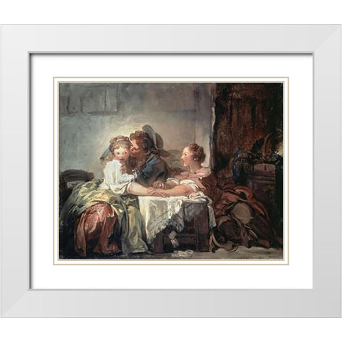 The Captured Kiss White Modern Wood Framed Art Print with Double Matting by Fragonard, Jean Honore