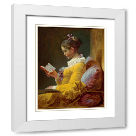 Young Girl Reading White Modern Wood Framed Art Print with Double Matting by Fragonard, Jean Honore