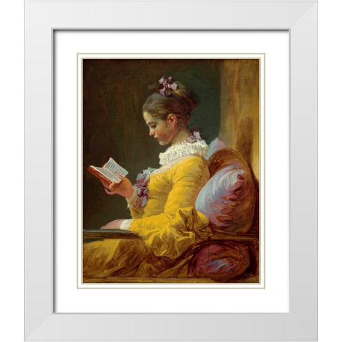 Young Girl Reading White Modern Wood Framed Art Print with Double Matting by Fragonard, Jean Honore