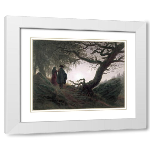 Man and Woman Contemplating The Moon White Modern Wood Framed Art Print with Double Matting by Friedrich, Caspar David