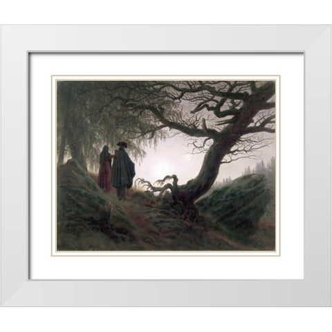 Man and Woman Contemplating The Moon White Modern Wood Framed Art Print with Double Matting by Friedrich, Caspar David