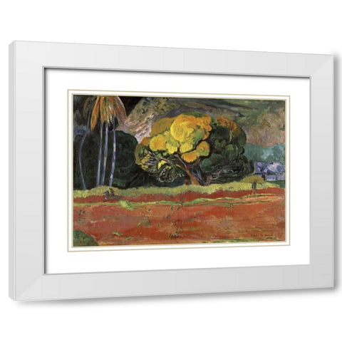 At the Foot of a Mountain - Fatata Te Moua White Modern Wood Framed Art Print with Double Matting by Gauguin, Paul