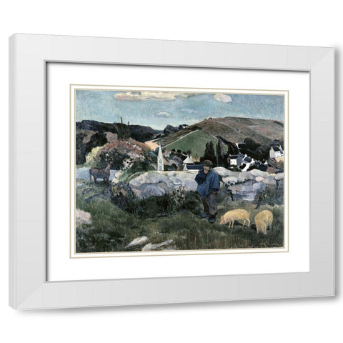 Swineherd White Modern Wood Framed Art Print with Double Matting by Gauguin, Paul