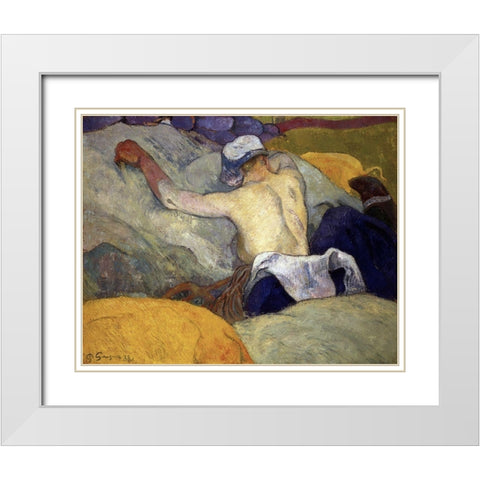 Woman in the Hay (Femme dans le Foin) White Modern Wood Framed Art Print with Double Matting by Gauguin, Paul