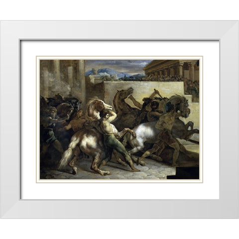 Run of The Wild Horses In Rome White Modern Wood Framed Art Print with Double Matting by Gericault, Theodore