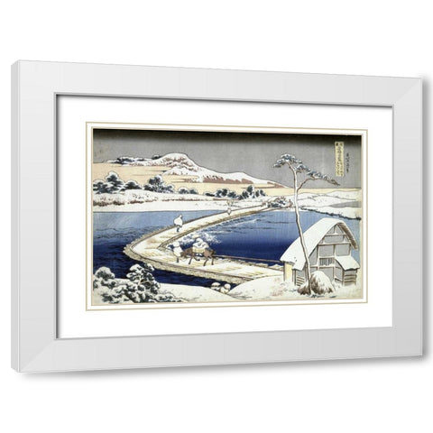 Pontoon Bridge at Sano, Kozuke Province, Ancient View White Modern Wood Framed Art Print with Double Matting by Hokusai