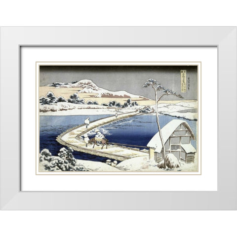 Pontoon Bridge at Sano, Kozuke Province, Ancient View White Modern Wood Framed Art Print with Double Matting by Hokusai