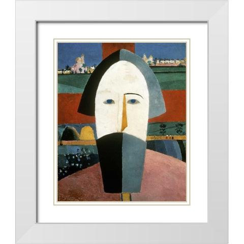 Farmers Head White Modern Wood Framed Art Print with Double Matting by Malevich, Kazimir