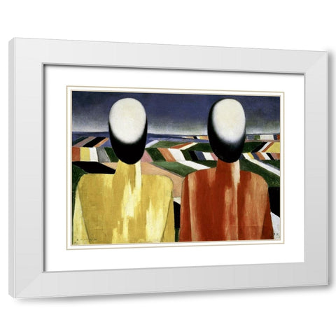 Two Farmers White Modern Wood Framed Art Print with Double Matting by Malevich, Kazimir