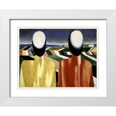 Two Farmers White Modern Wood Framed Art Print with Double Matting by Malevich, Kazimir