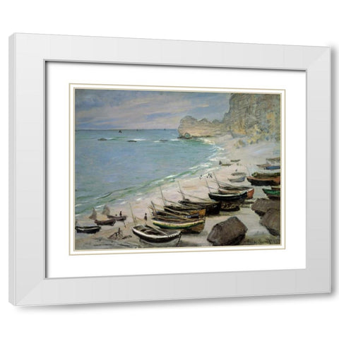 Boats on the Beach at Etretat, 1883 White Modern Wood Framed Art Print with Double Matting by Monet, Claude