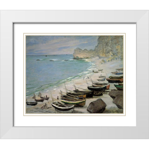 Boats on the Beach at Etretat, 1883 White Modern Wood Framed Art Print with Double Matting by Monet, Claude