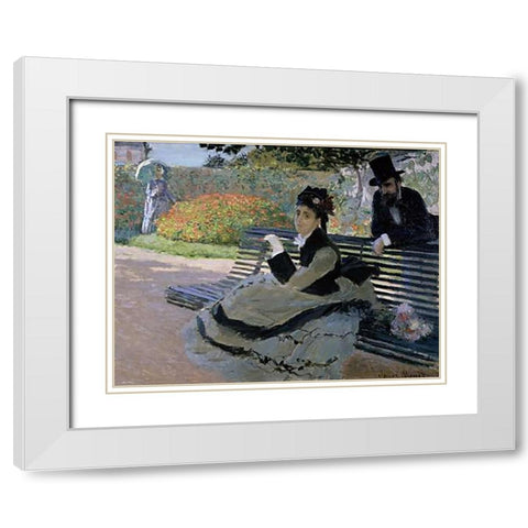 Camille Monet on a Garden Bench White Modern Wood Framed Art Print with Double Matting by Monet, Claude