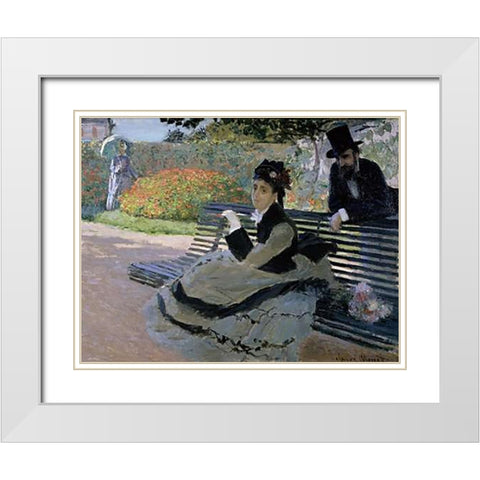Camille Monet on a Garden Bench White Modern Wood Framed Art Print with Double Matting by Monet, Claude