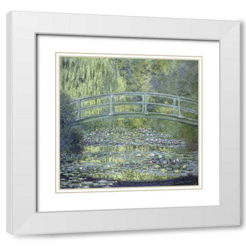Japanese Bridge White Modern Wood Framed Art Print with Double Matting by Monet, Claude