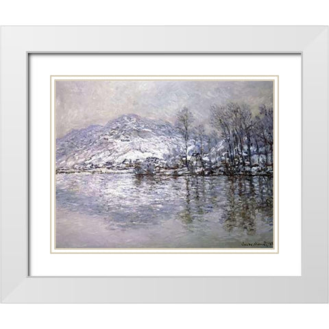 The Seine at Port-Villez, Snow Effect White Modern Wood Framed Art Print with Double Matting by Monet, Claude