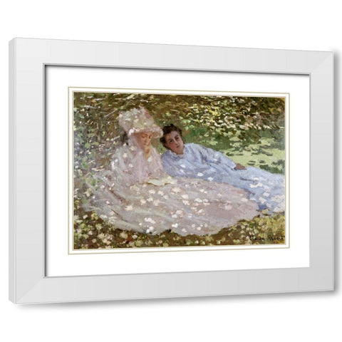 Madame Monet in the Garden White Modern Wood Framed Art Print with Double Matting by Monet, Claude