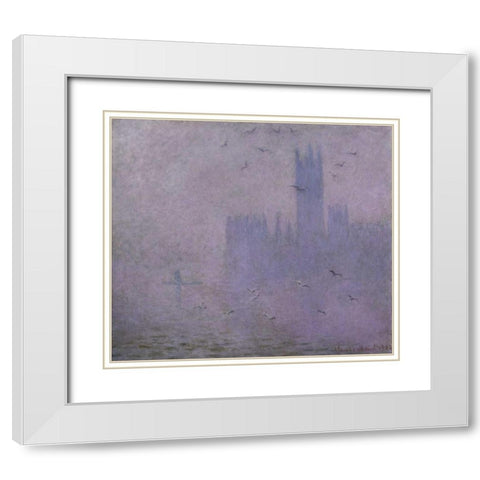 Seagulls - The River Thames and Houses of Parliament, London White Modern Wood Framed Art Print with Double Matting by Monet, Claude