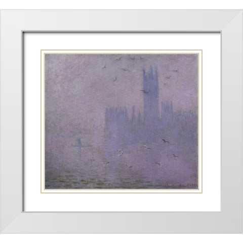 Seagulls - The River Thames and Houses of Parliament, London White Modern Wood Framed Art Print with Double Matting by Monet, Claude