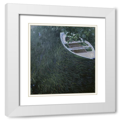 La Barque - The Row Boat, 1887 White Modern Wood Framed Art Print with Double Matting by Monet, Claude