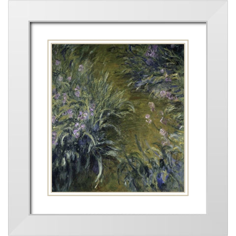 The Path Through the Irises White Modern Wood Framed Art Print with Double Matting by Monet, Claude