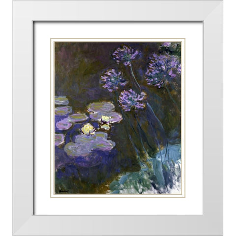 Water Lilies and Agapanthus White Modern Wood Framed Art Print with Double Matting by Monet, Claude
