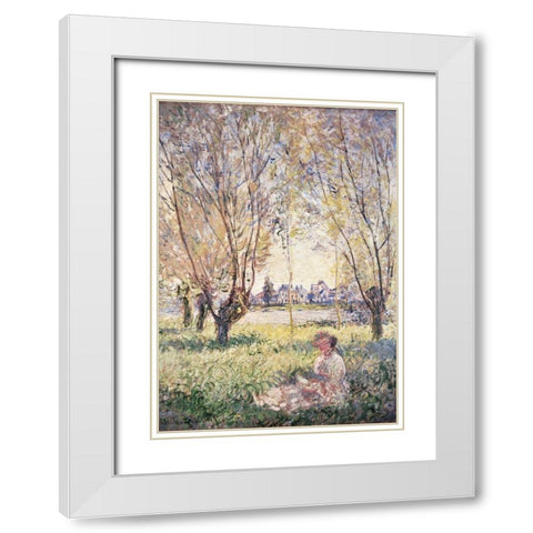 Woman Seated under the Willows White Modern Wood Framed Art Print with Double Matting by Monet, Claude