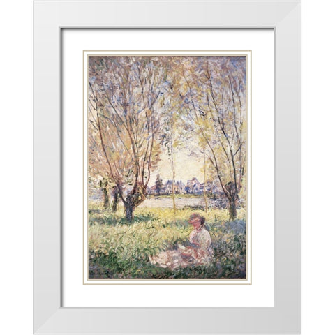 Woman Seated under the Willows White Modern Wood Framed Art Print with Double Matting by Monet, Claude