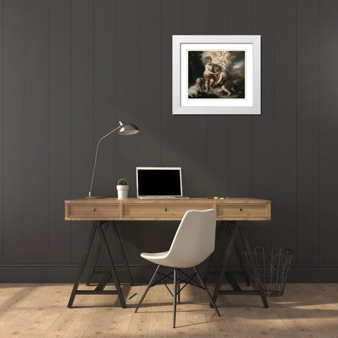 Jesus and John The Baptist: Children W/ Shell White Modern Wood Framed Art Print with Double Matting by Murillo, Bartolome Esteban