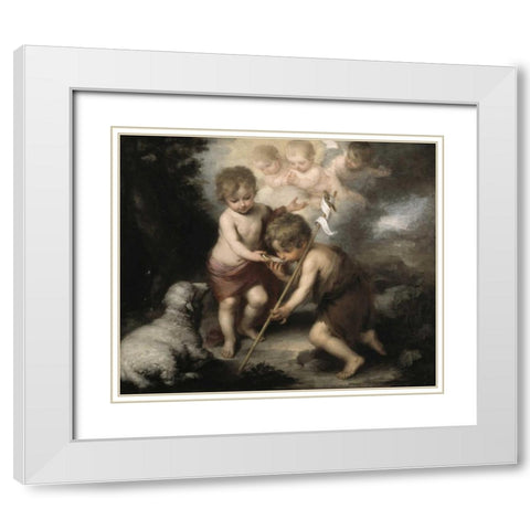 Jesus and John The Baptist: Children W/ Shell White Modern Wood Framed Art Print with Double Matting by Murillo, Bartolome Esteban