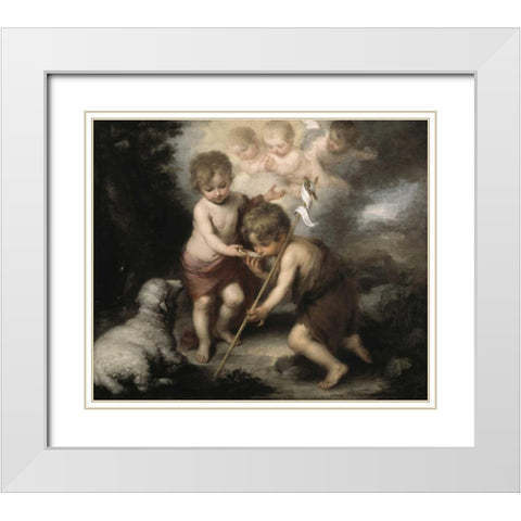 Jesus and John The Baptist: Children W/ Shell White Modern Wood Framed Art Print with Double Matting by Murillo, Bartolome Esteban